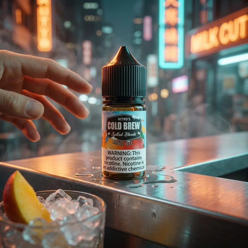 Frasco Nitros Mango Ice em balcão molhado com luzes neon urbanas e gelo, atmosfera noturna. - Vapor Gringo