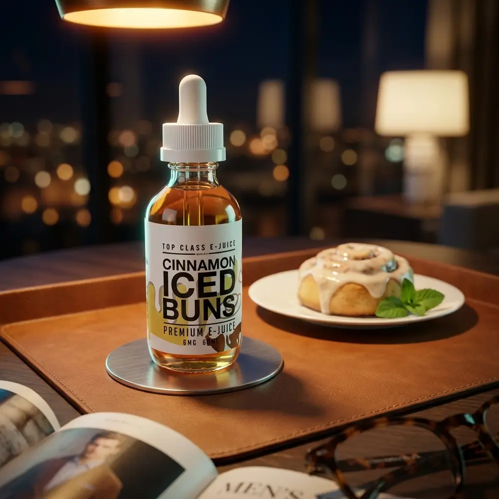 Frasco Liquido Top Class Cinnamon Iced Buns em lounge sofisticado, pao de canela e ramo de menta ao fundo - Vapor Gringo