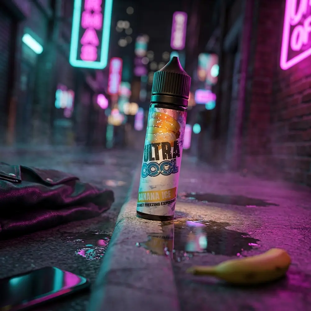 Líquido Ultra Cool Salt Banana Ice apoiado em beiral urbano molhado, reflexos neon magenta e teal, gelo e banana - Vapor Gringo