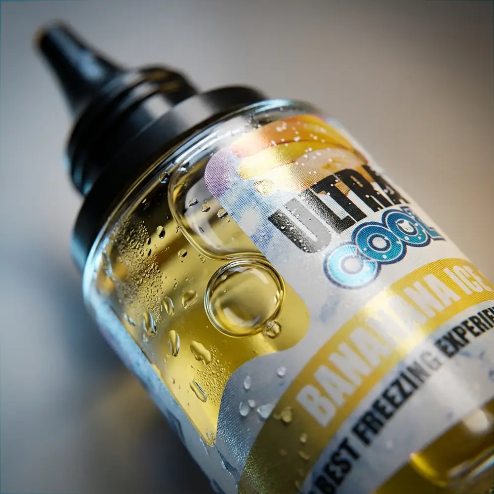 Macro do rótulo e bocal do Líquido Ultra Cool Salt Banana Ice, gotas condensadas, textura do rótulo e bolha no líquido - Vapor Gringo