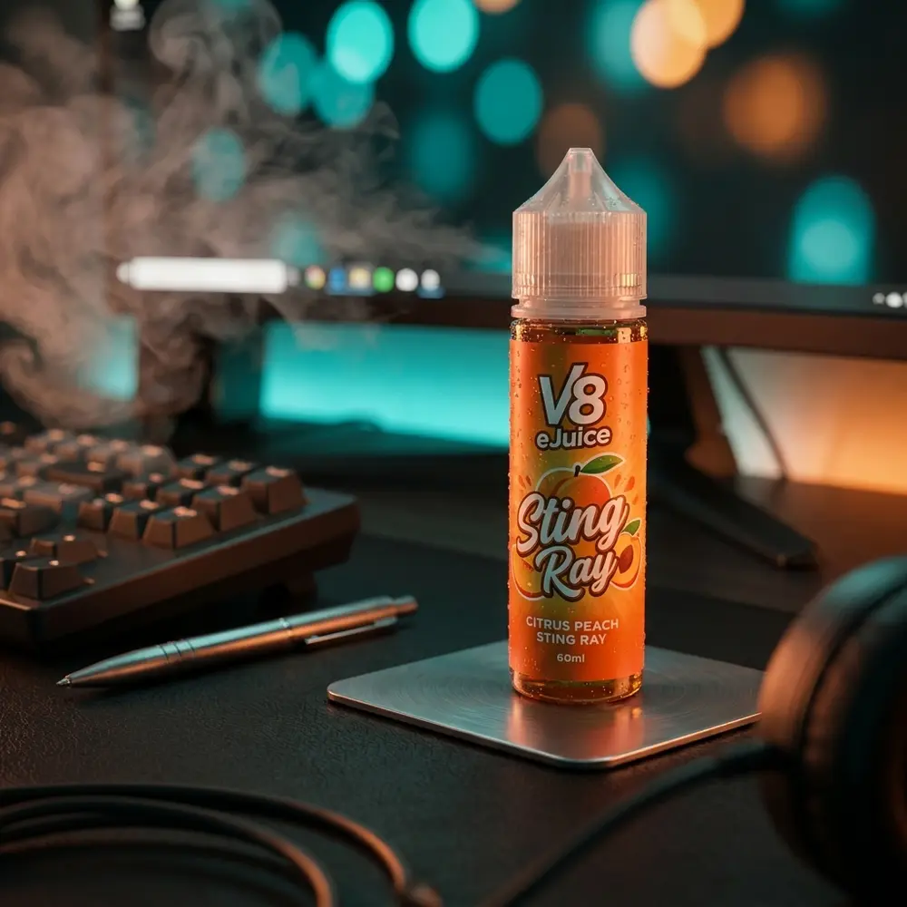 Frasco Líquido V8 E-Juice Citrus Peach sobre mesa gamer com teclado RGB e luzes laranja e azul ao fundo - Vapor Gringo