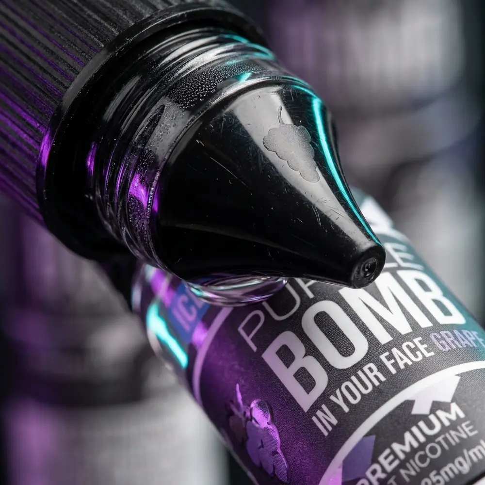 Close-up do rótulo e bocal do VGod Purple Bomb ICED com gotas de condensação no vidro - Vapor Gringo