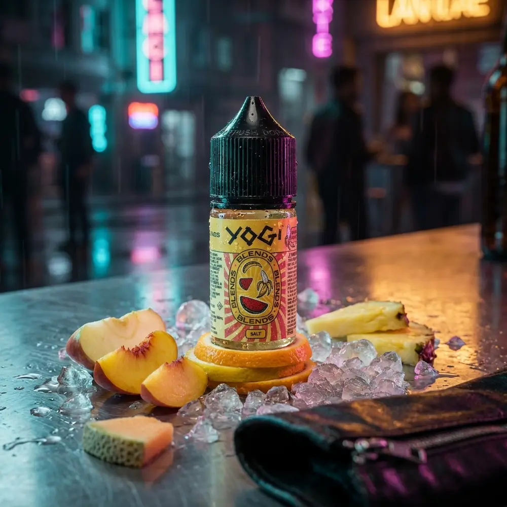 Garrafa Líquido Yogi Salt Ice sobre balcão urbano molhado com neon ao fundo e frutas fatiadas - Vapor Gringo