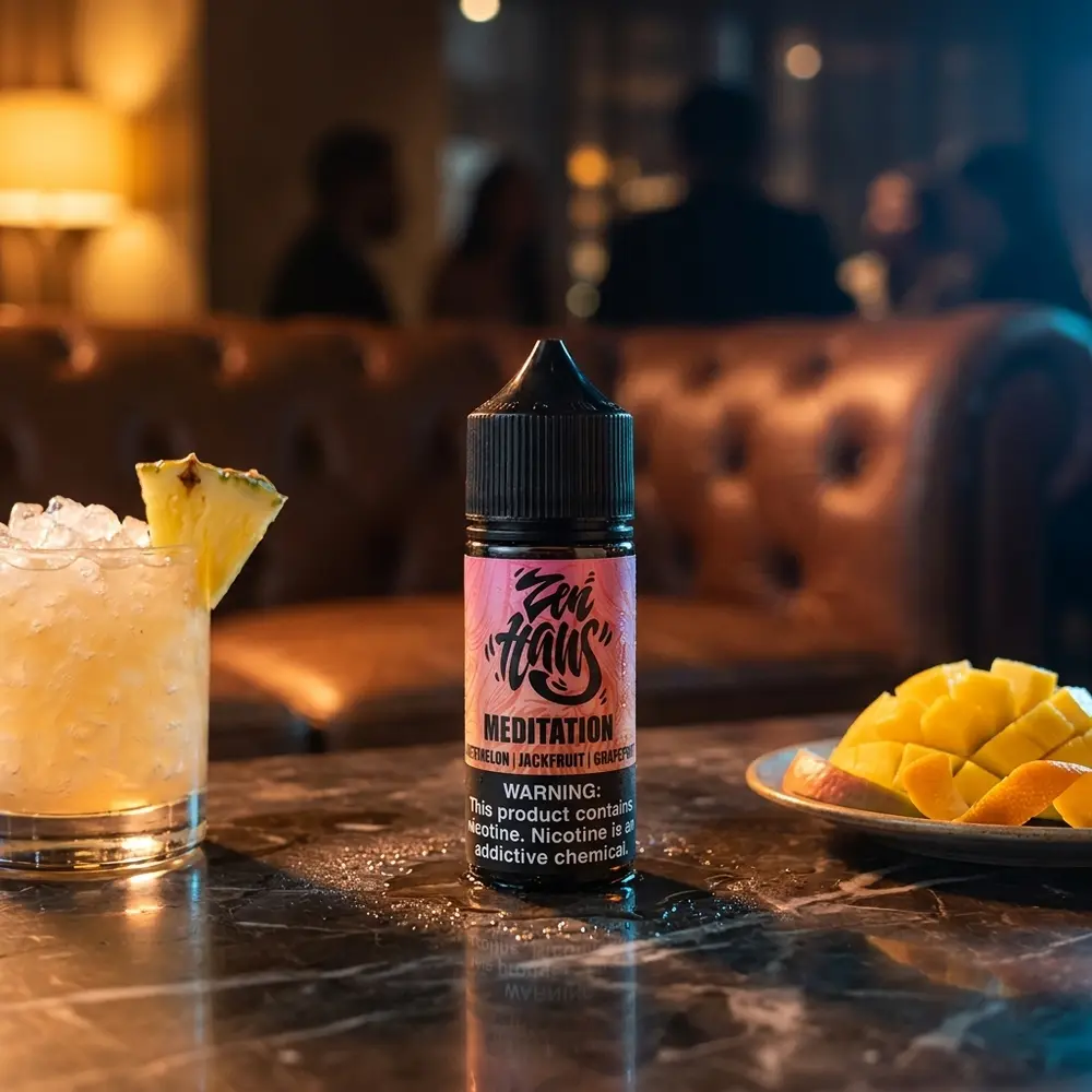 frasco liquido zen haus salt meditation sobre mesa de lounge luxuoso com fatias de abacaxi e manga ao lado - Vapor Gringo