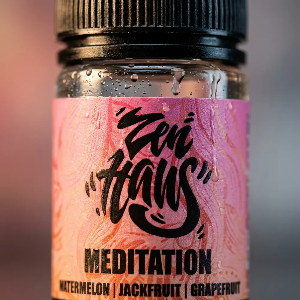 macro do rotulo liquido zen haus salt meditation com gotas de condensacao textura do vidro e detalhe da tampa - Vapor Gringo