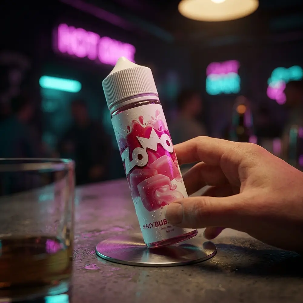 Garrafa Líquido Zomo Bubblegum apoiada em balcão molhado de lounge urbano com reflexos neon rosa e mão parcial - Vapor Gringo