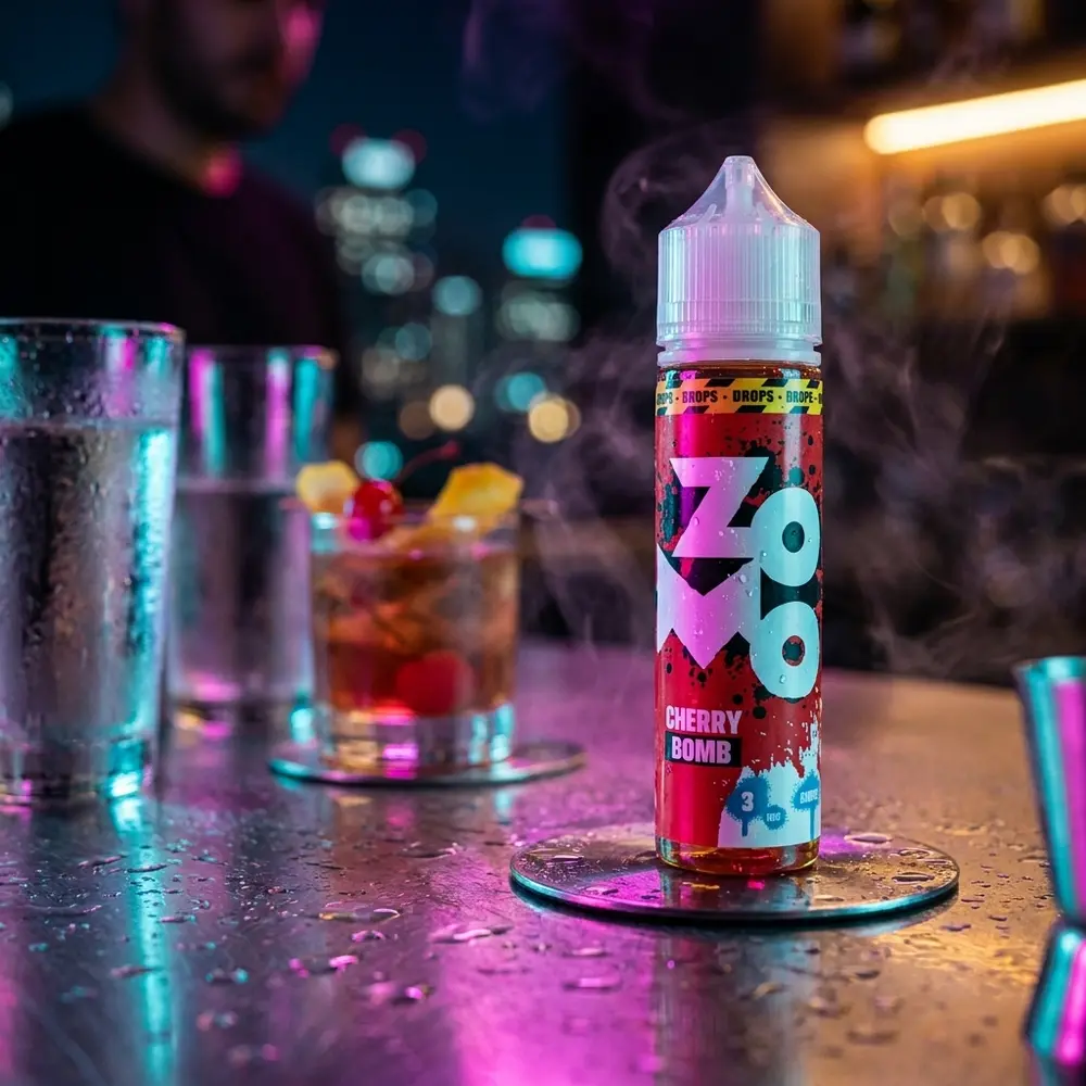 Líquido Zomo Cherry Bomb Drops no balcão molhado de bar neon, com reflexos urbanos e cocktail desfocado ao fundo. - Vapor Gringo