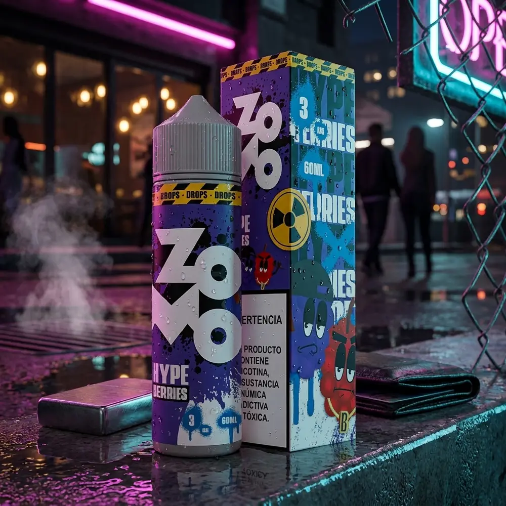 Frasco Liquido Zomo Hype Berries Drops em parapeito molhado na rua à noite com néon, reflexos e objetos de lifestyle ao redor - Vapor Gringo