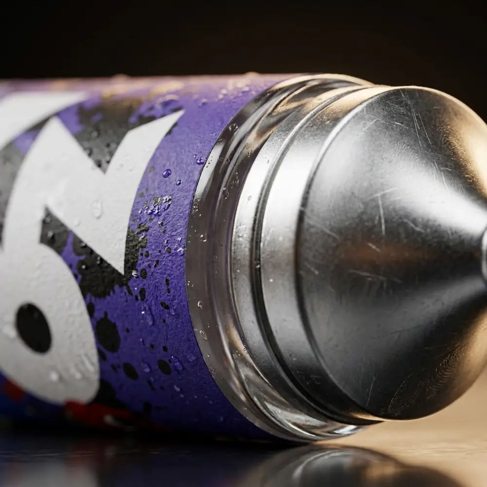 Detalhe macro do rótulo do Liquido Zomo Hype Berries Drops mostrando tipografia nítida, bico e gotas de condensação - Vapor Gringo