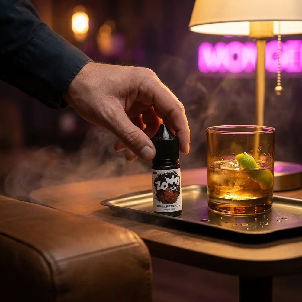 Frasco Zomo Salt Classic Tobacco no lounge apoiado em bandeja metálica escura, copo de conhaque e luz ambiente - Vapor Gringo