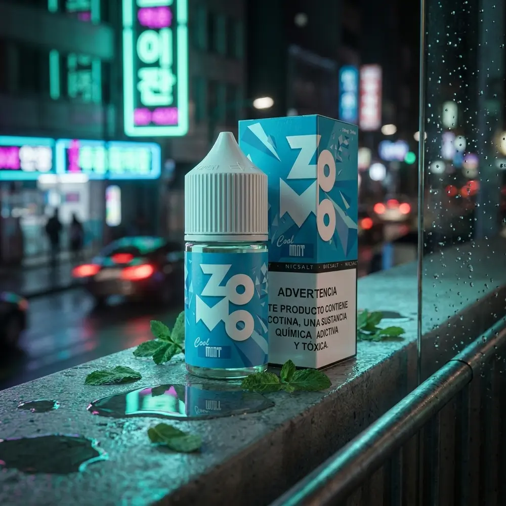 Garrafa de Líquido Zomo Salt - Cool Mint na beira molhada de rua noturna com neon e folhas de menta - Vapor Gringo