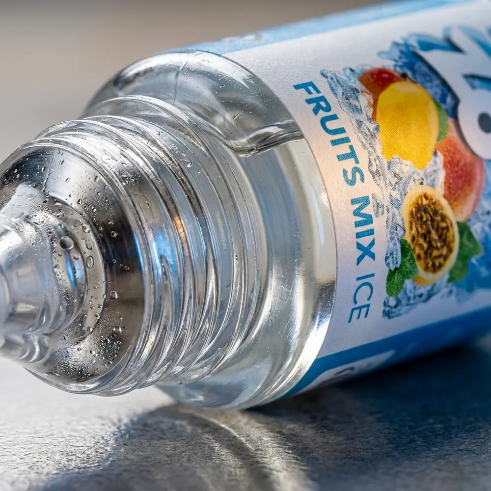 Close do bocal e rótulo do Líquido Zomo Salt Fruit Mix Ice com gotas de condensação e textura do vidro. - Vapor Gringo
