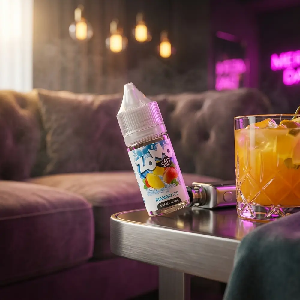 Frasco Liquido Zomo Salt Mango Ice em lounge urbano luxuoso sobre mesa com mod e luzes neon ao fundo. - Vapor Gringo