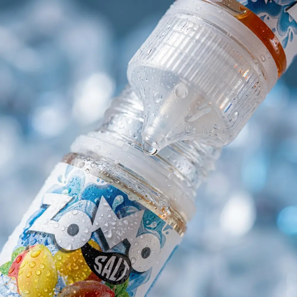 Detalhe macro do rótulo e bico do Liquido Zomo Salt Mango Ice com gotas de condensação e reflexos. - Vapor Gringo