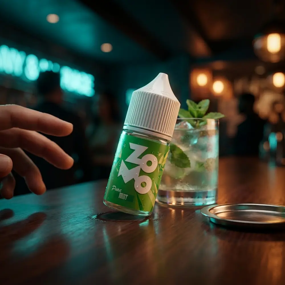 Garrafa de Líquido Zomo Salt Pure Mint 30ml em lounge noturno sobre balcão com luzes neon desfocadas - Vapor Gringo