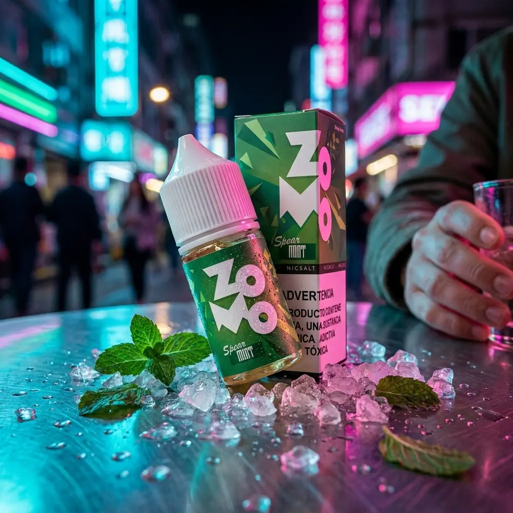Garrafa Liquido Zomo Salt Spear Mint 30ml sobre mesa molhada com gelo e folhas de menta, bokeh neon ao fundo - Vapor Gringo