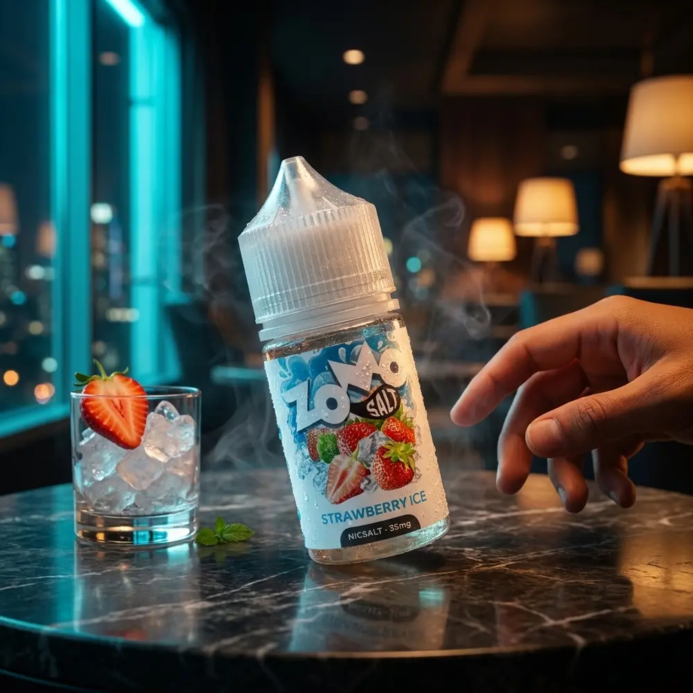 Líquido Zomo Salt Strawberry Ice apoiado em mesa de mármore numa lounge urbana com copo e morangos ao lado - Vapor Gringo