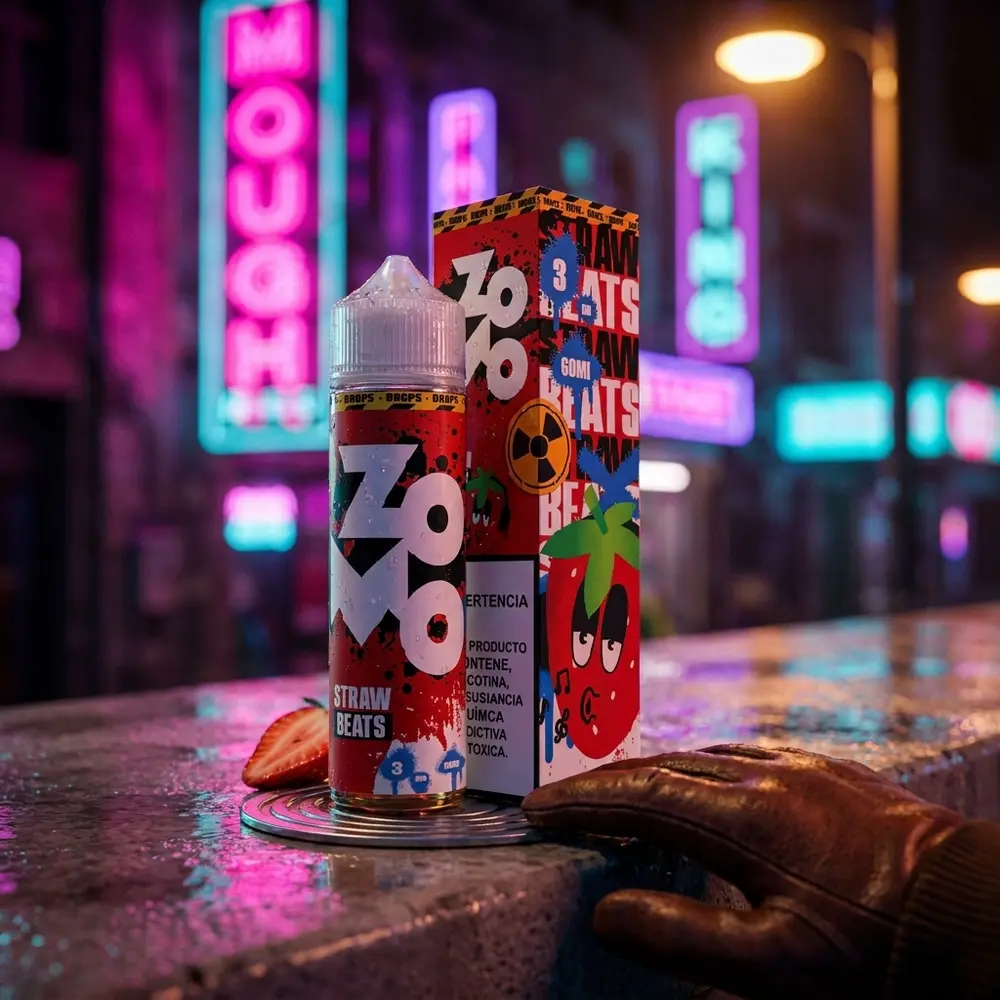 Líquido Zomo Straw Beats Drops apoiado em beiral urbano molhado com luzes neon roxas e vermelhas ao fundo - Vapor Gringo