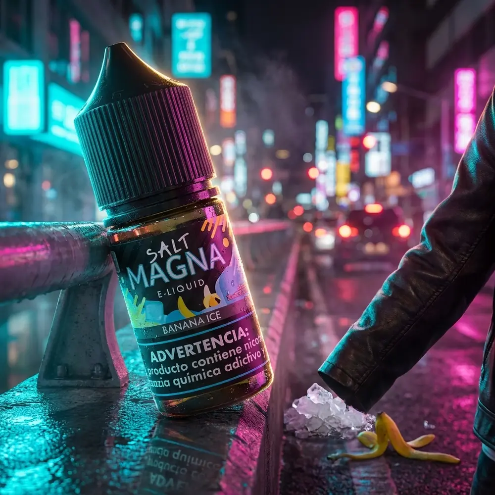Magna Banana Ice 30ml apoiado em balaustrada molhada na rua noturna com reflexos neon e bokeh urbano - Vapor Gringo
