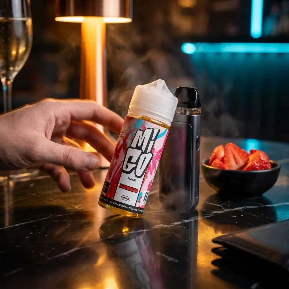 Frasco Migo Morangou 100ml em mesa de lounge luxuosa com copo borrado e fundo neon - Vapor Gringo