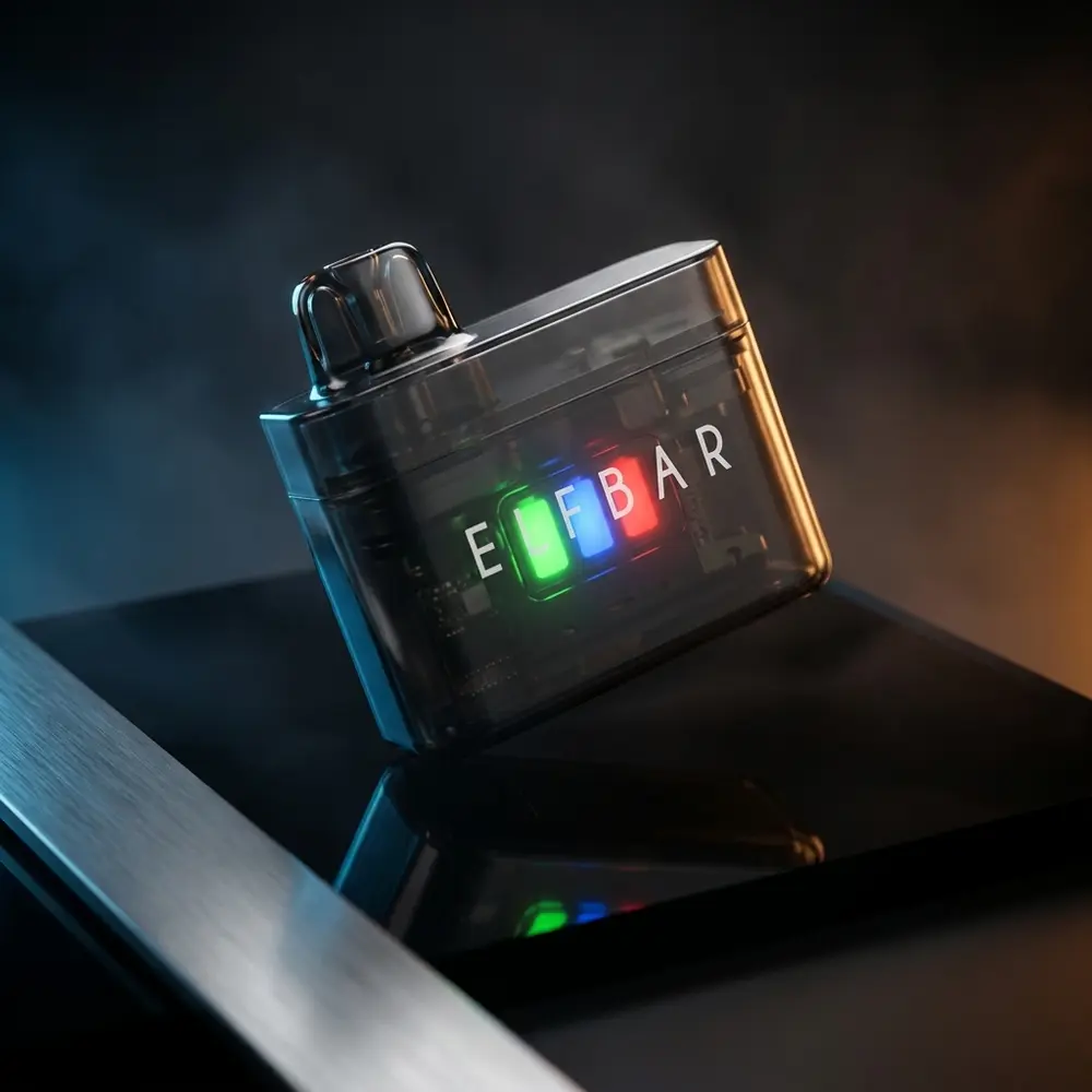 Mod Device Lowit sobre placa acrilica preta, close-up com luzes dramáticas e indicador de bateria colorido - Vapor Gringo