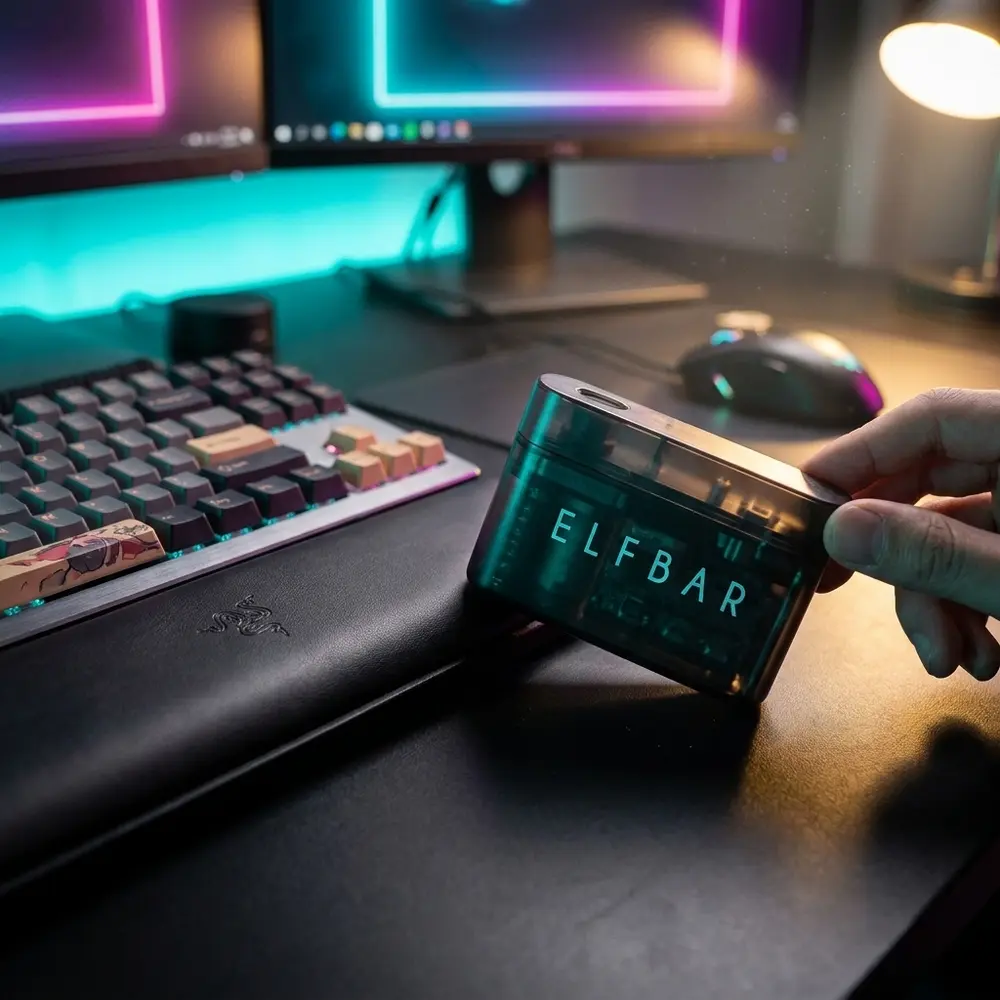 Mod Device Lowit apoiado em mesa gamer RGB, perto de teclado mecanico e monitor com luzes neon - Vapor Gringo