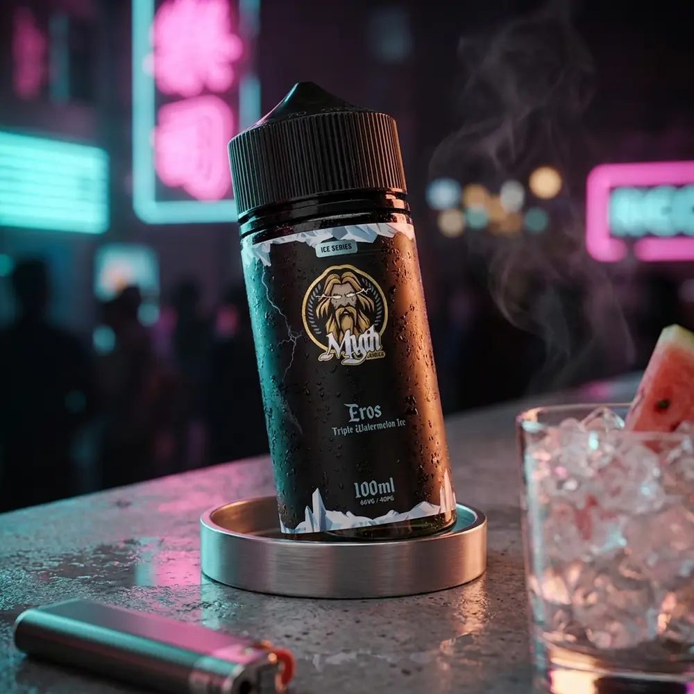 Garrafa Myth Eros 100ml em balcão molhado de bar noturno com neons rosa-ciano desfocados ao fundo - Vapor Gringo