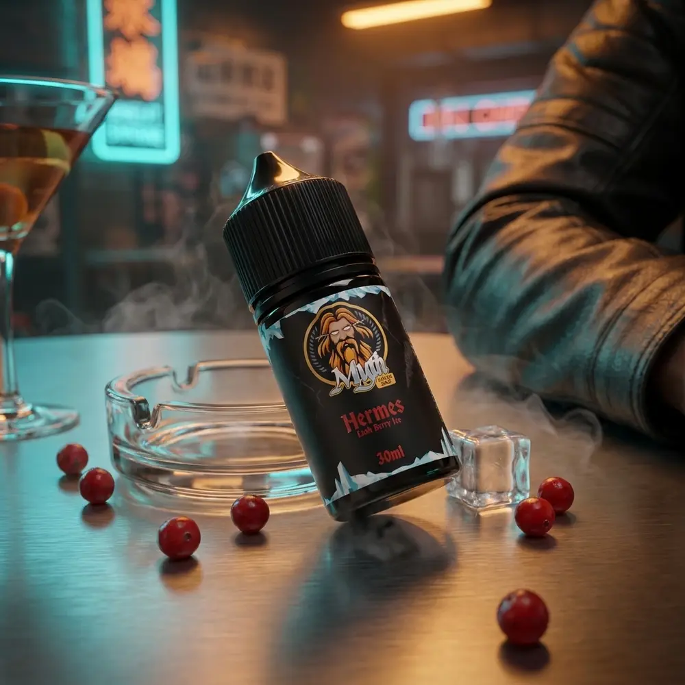 Garrafa Myth Salt Hermes Lush Berry Ice 30ml sobre mesa metálica em lounge urbano neon com bagas e cubo de gelo - Vapor Gringo
