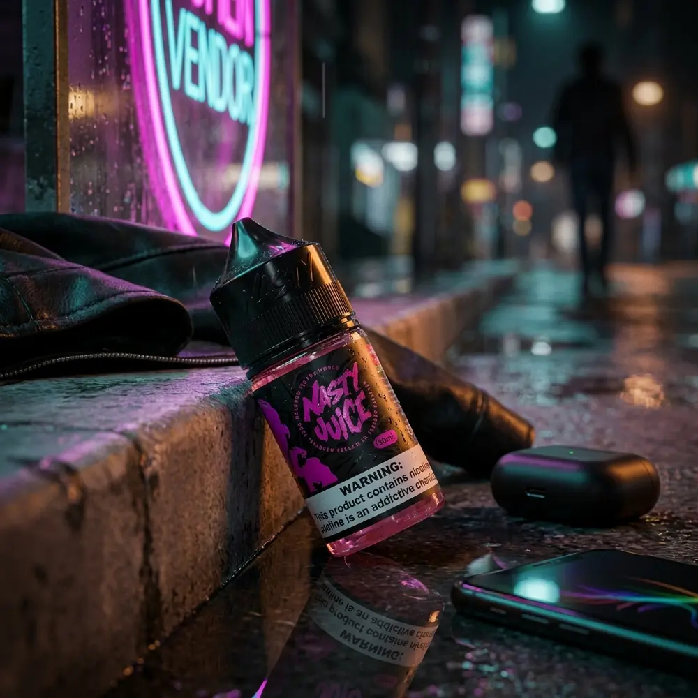Garrafa Nasty Juice Salt Lychee 30ml apoiada num parapeito urbano noturno com reflexos neon e objetos de lifestyle. - Vapor Gringo