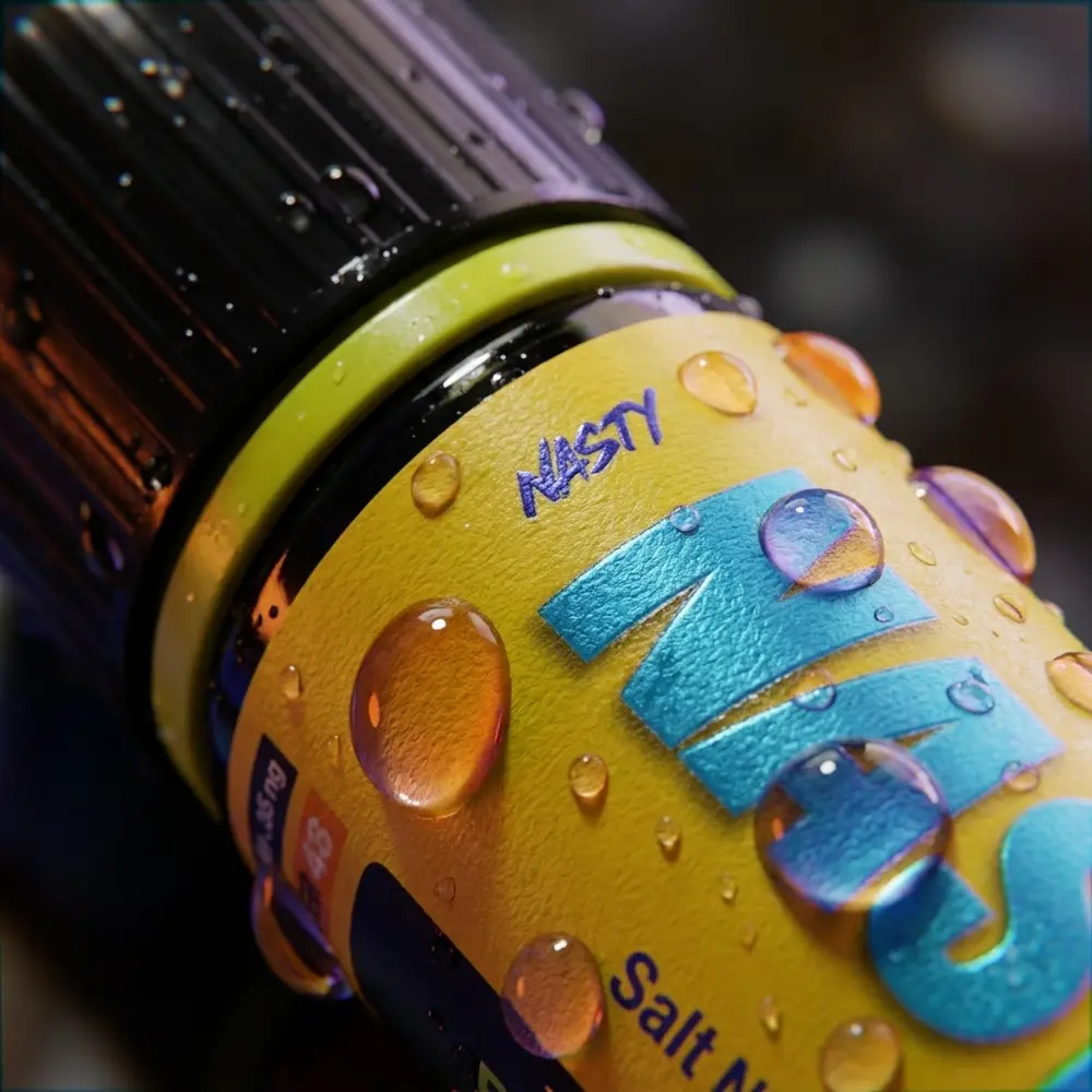 Macro do rótulo e bico da garrafa Nasty Juice Salt Mango Blackcurrant com gotas minuciosas de condensação - Vapor Gringo