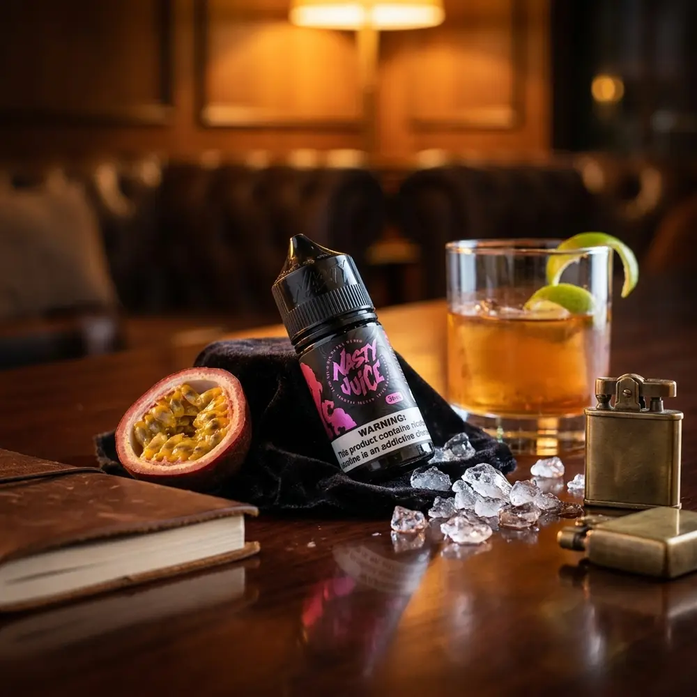 Garrafa Nasty Juice Salt Passion Fruit Ice entre meio maracuja e copo num lounge escuro com luz quente - Vapor Gringo