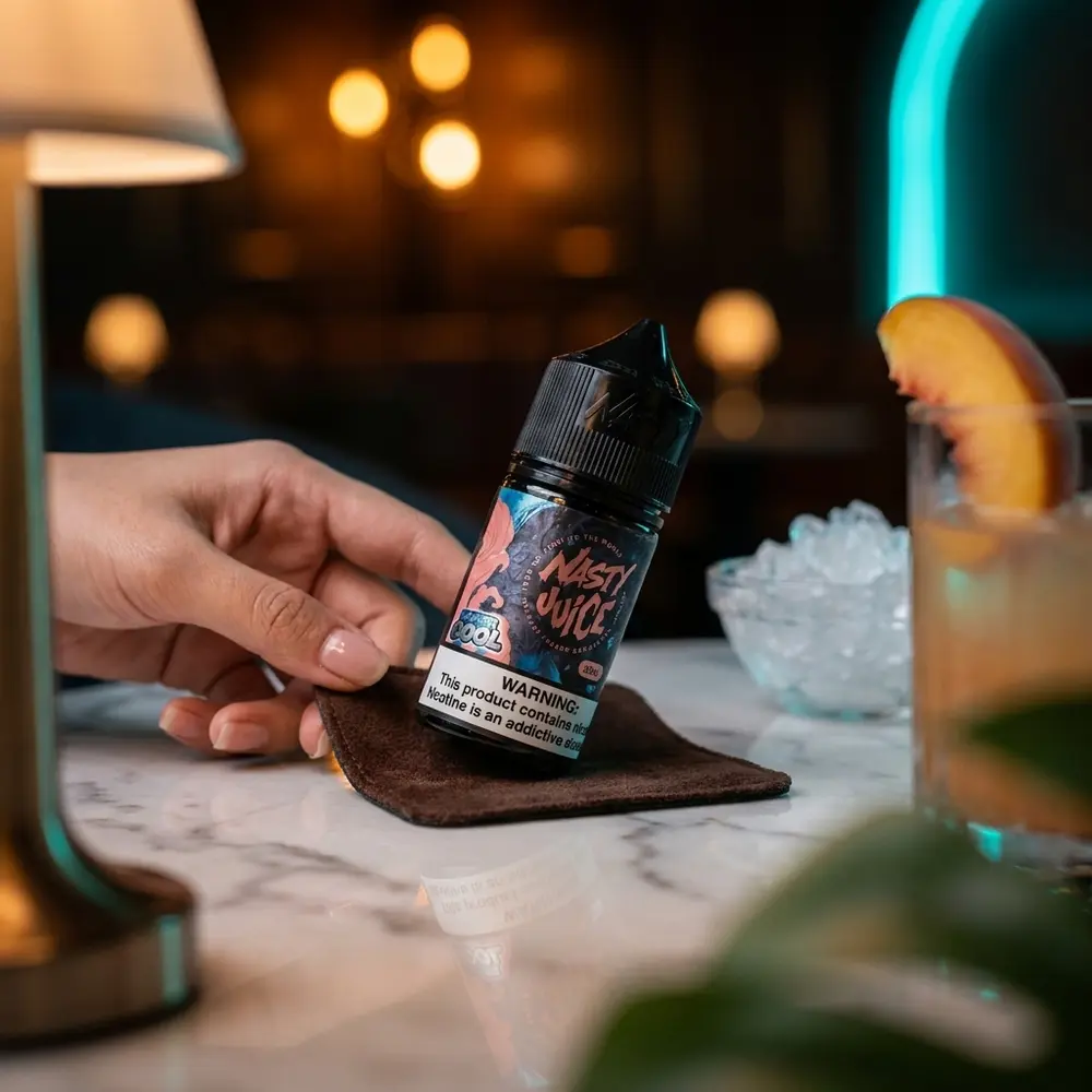 Frasco do Líquido Nasty Juice Salt Peach Ice em mesa de lounge com coquetel e gelo ao fundo - Vapor Gringo