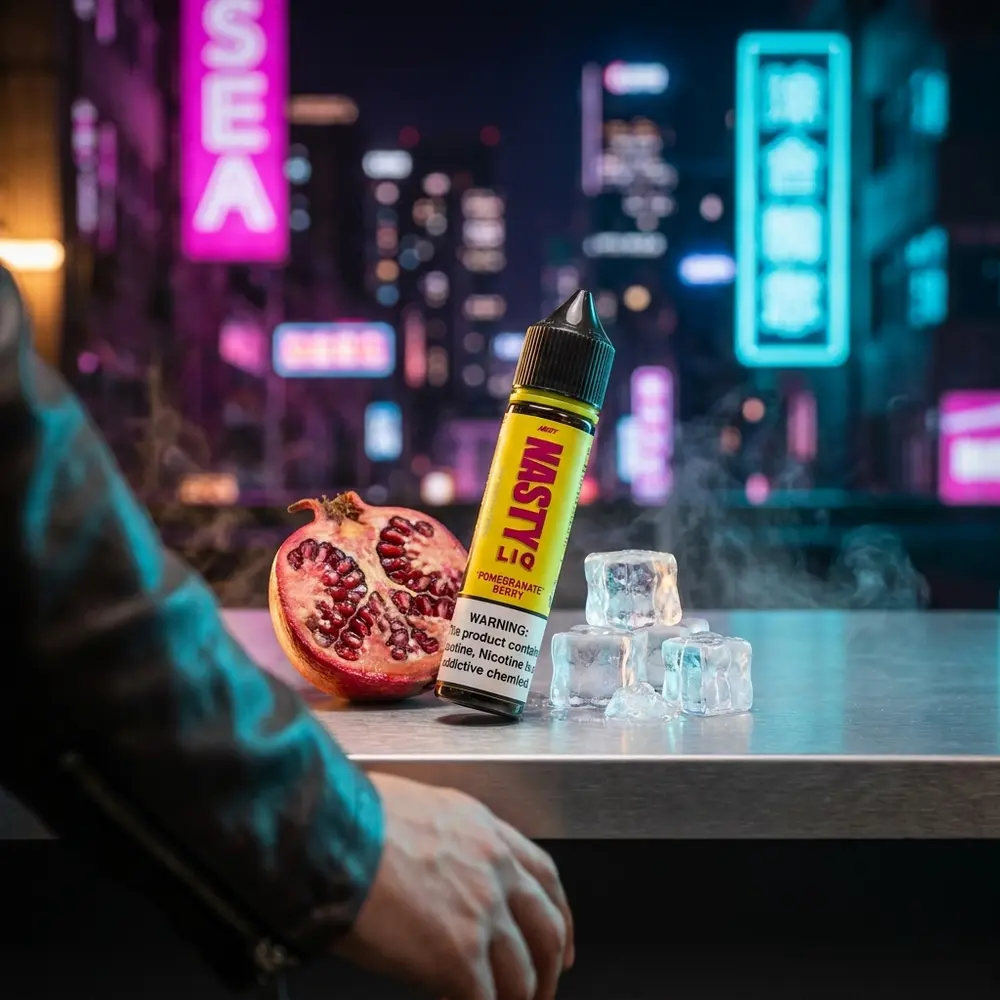 Nasty Juice Salt Pomegranate Berry no balcão de bar urbano com luzes neon magenta/azul e romã ao lado - Vapor Gringo