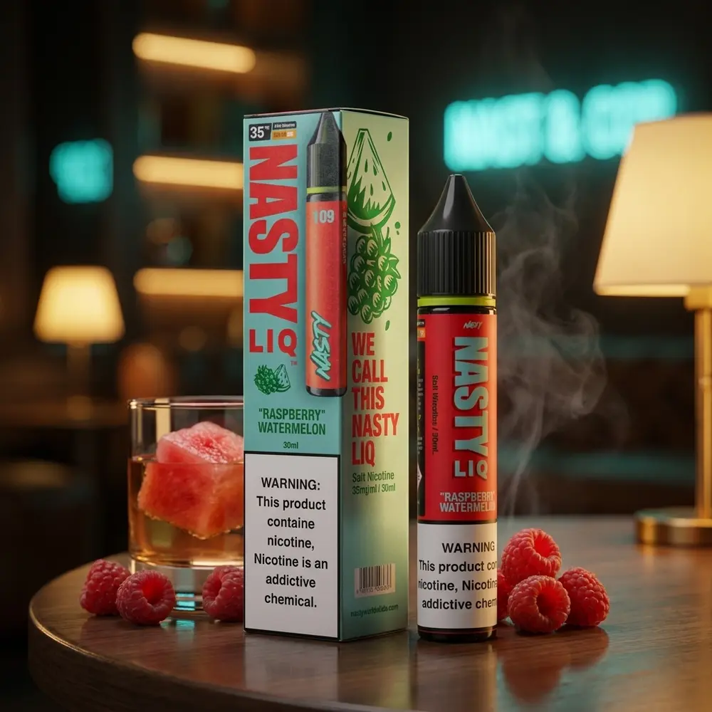 Frasco Nasty Juice Salt Raspberry Watermelon em lounge, mesa com coquetel de melancia e raspberries ao fundo - Vapor Gringo
