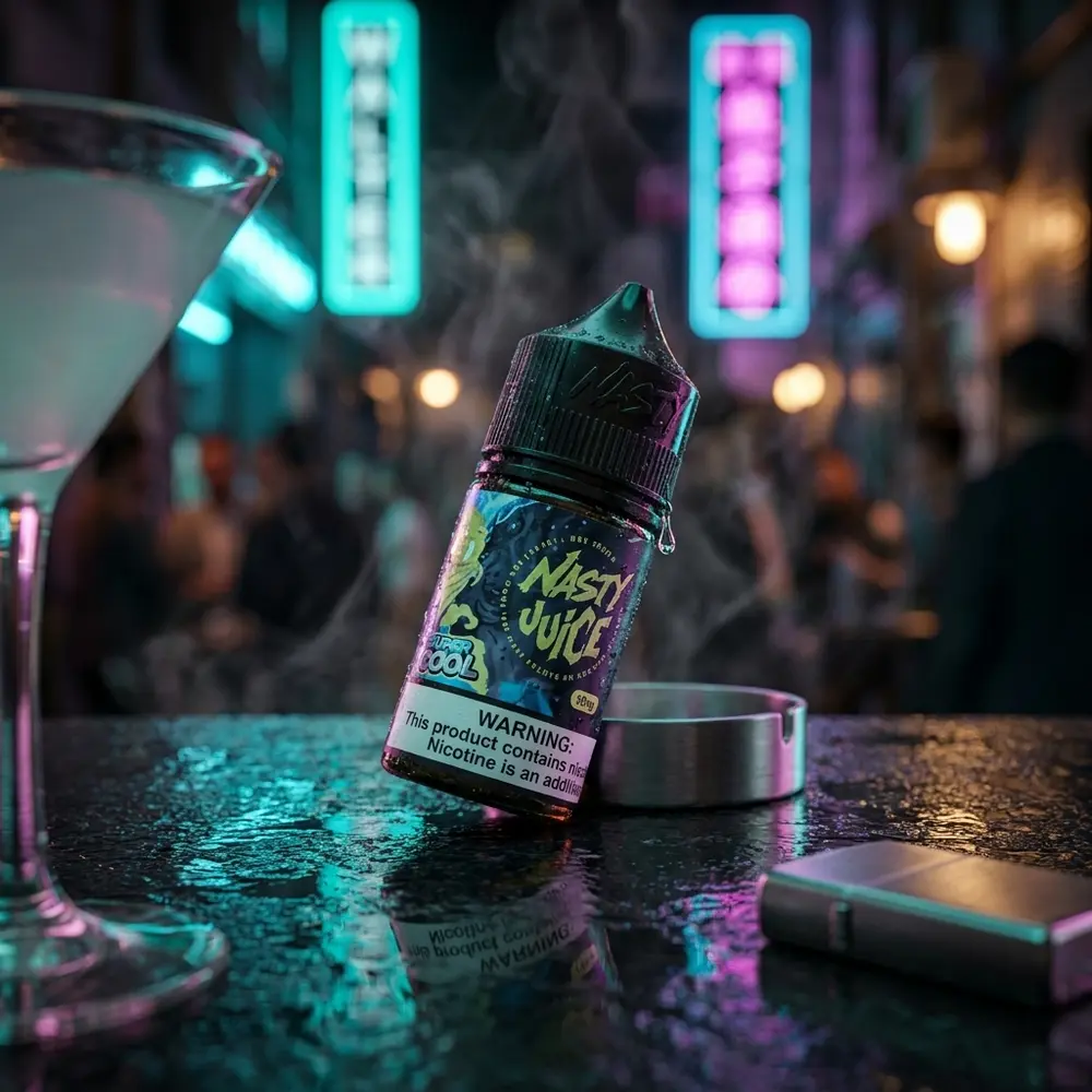 Garrafa Nasty Juice Salt Super Cool Guava Ice apoiada em balcão molhado com letreiros neon coloridos ao fundo - Vapor Gringo
