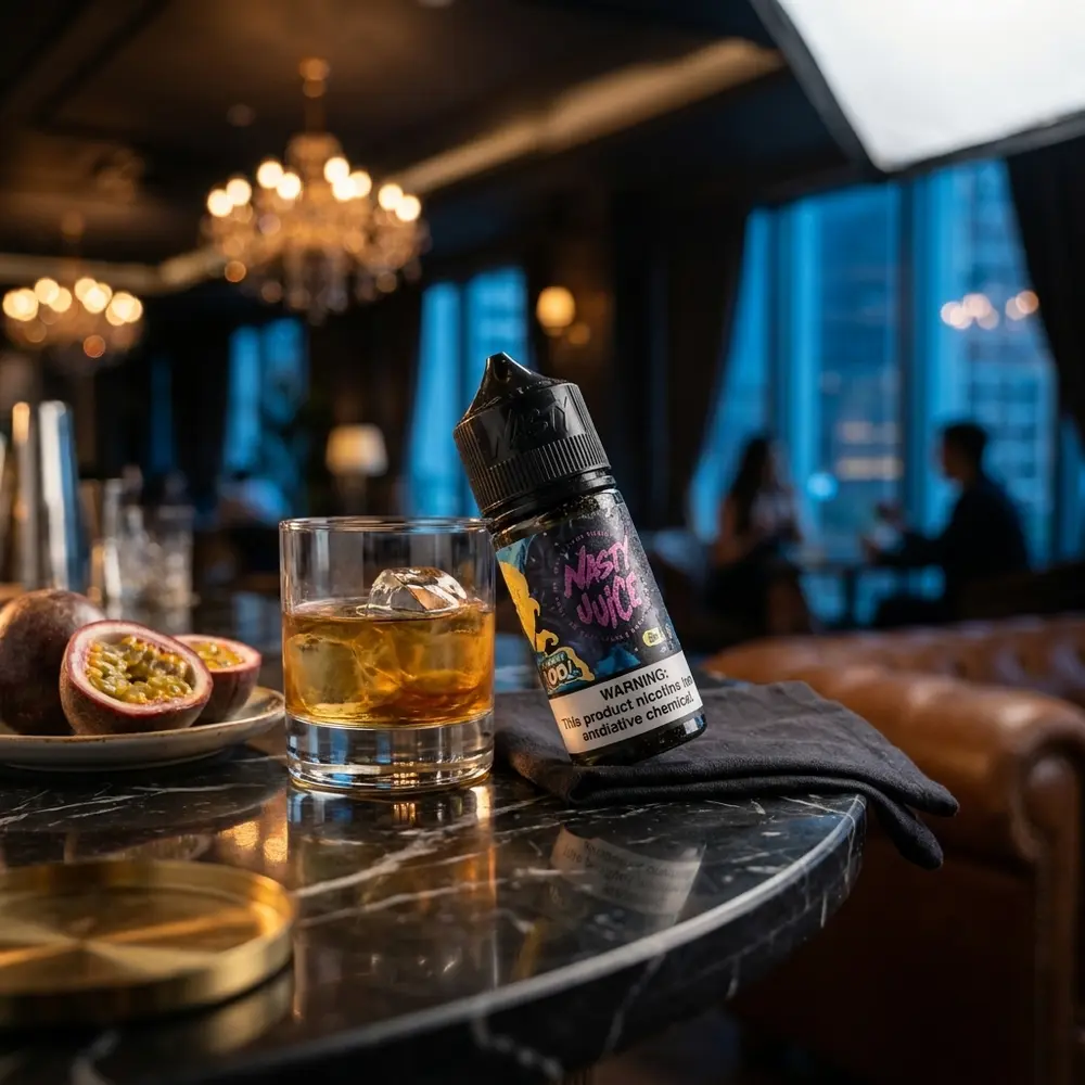 Frasco Nasty Juice Salt Super Cool Passion Fruit Ice em lounge urbano sobre mármore com fruta e copo ao lado - Vapor Gringo