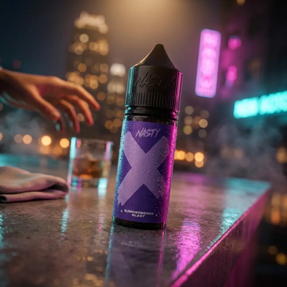 Garrafa Nasty Juice Summerberry Blast sobre parapeito molhado num cenário urbano noturno com luzes neon ao fundo - Vapor Gringo