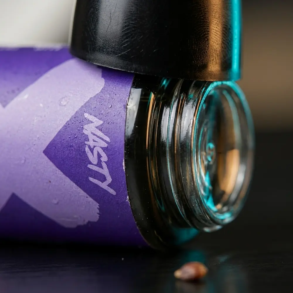 Close-up do rótulo e bocal da garrafa Nasty Juice Summerberry Blast com gotas, textura de vidro e reflexos metalicos - Vapor Gringo