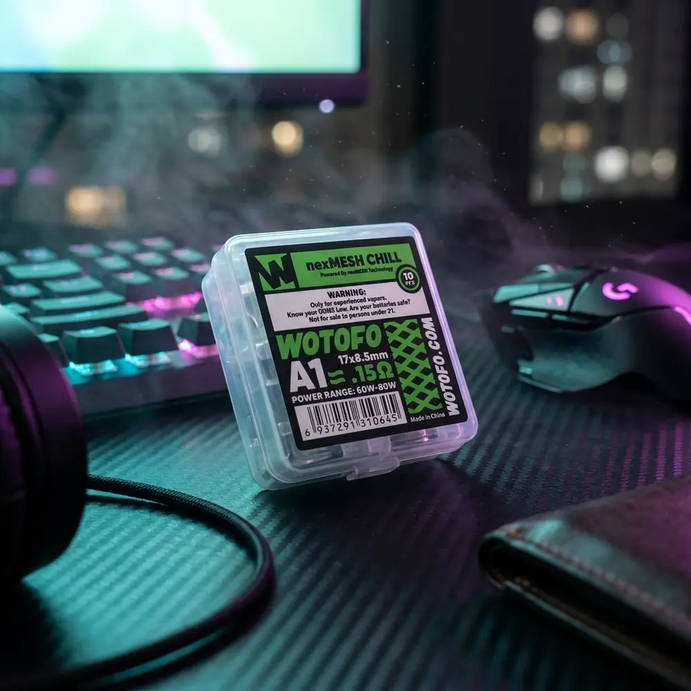 Pacote NexMesh Chill A1 0.15ohm Wotofo em mesa gamer RGB junto a teclado e luzes neon - Vapor Gringo