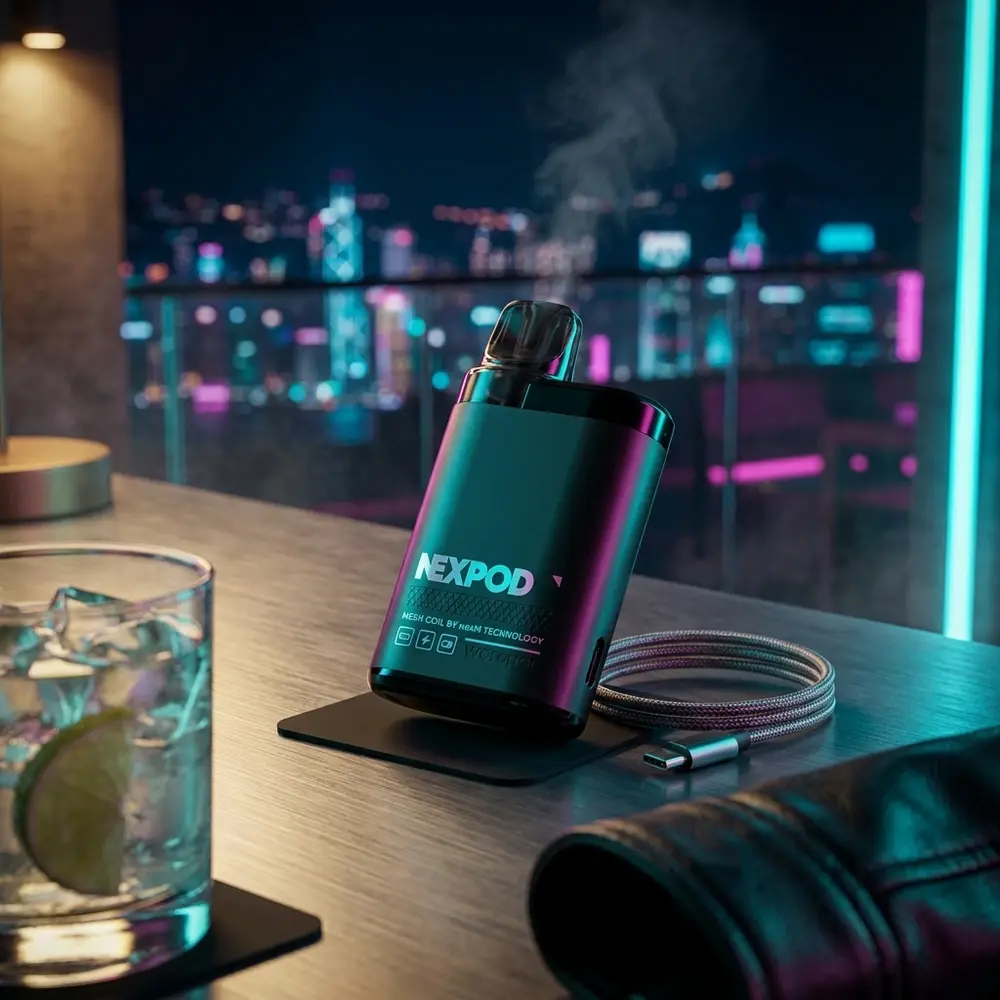 NexPod 3500 Strawberry Mango sobre balcão metálico em lounge noturno com reflexos neon e copo desfocado - Vapor Gringo