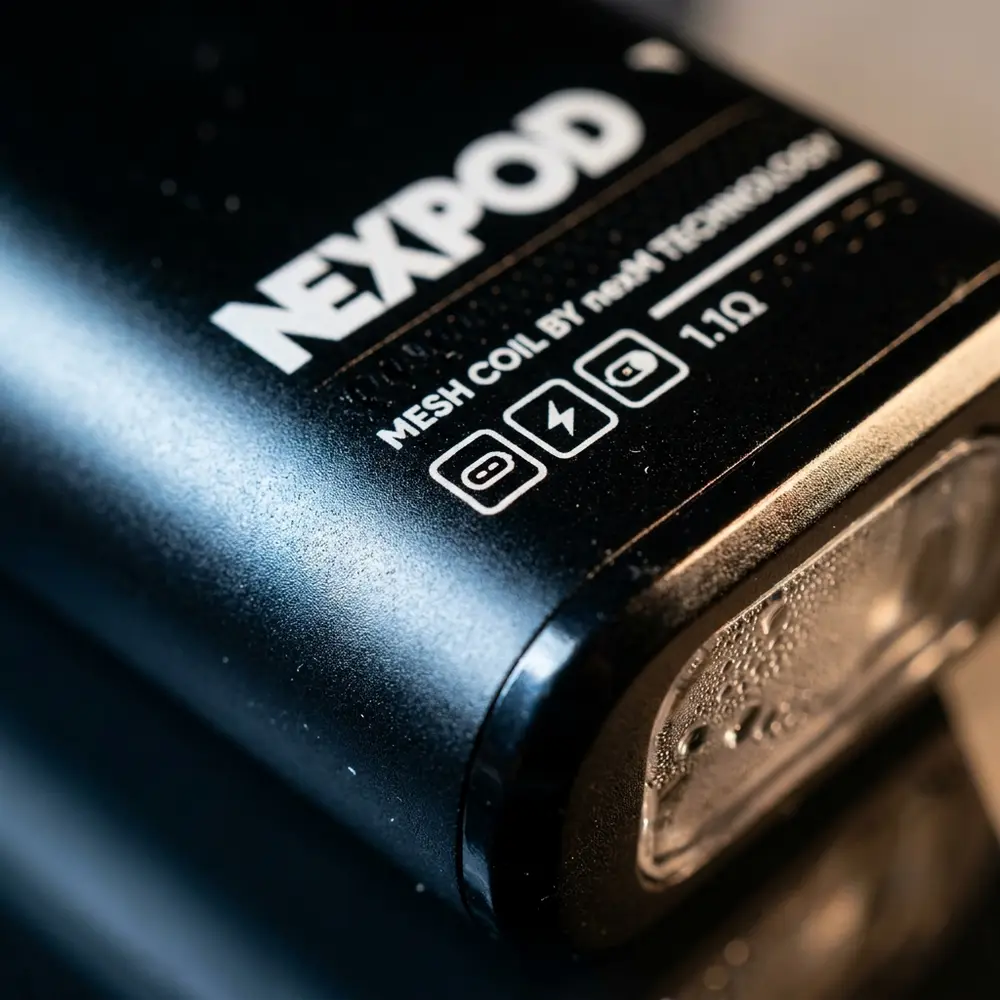 Close-up do bocal e acabamento anodizado do NexPod 3500 Strawberry Mango, textura e micro-reflexos visíveis - Vapor Gringo