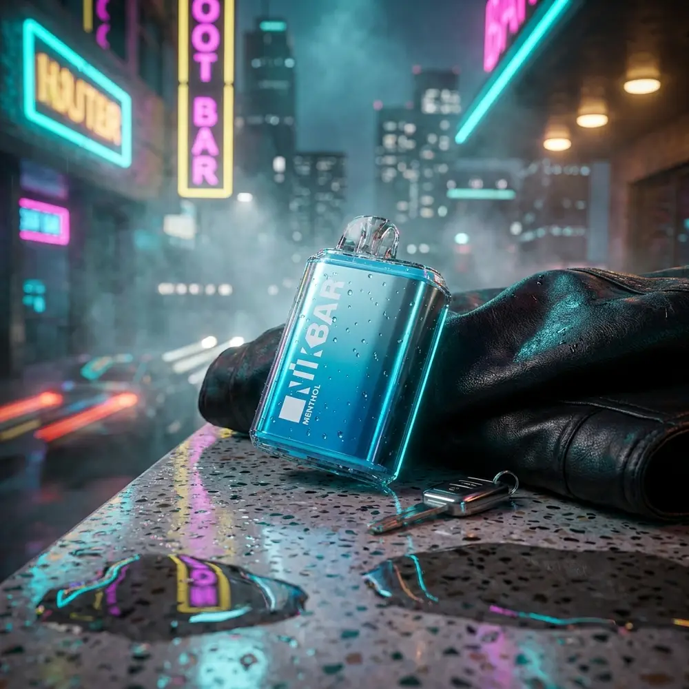 Pod NikBar 15.000 puffs menthol sobre bancada molhada em cena urbana noturna com reflexos neon - Vapor Gringo