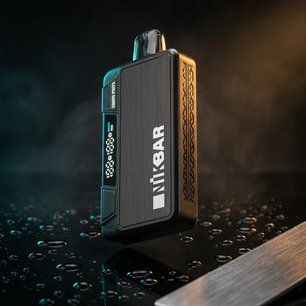 Pod descartável NikBar 30K sobre base acrílica preta molhada com luzes azul e âmbar realçando o logo e a tela LCD - Vapor Gringo