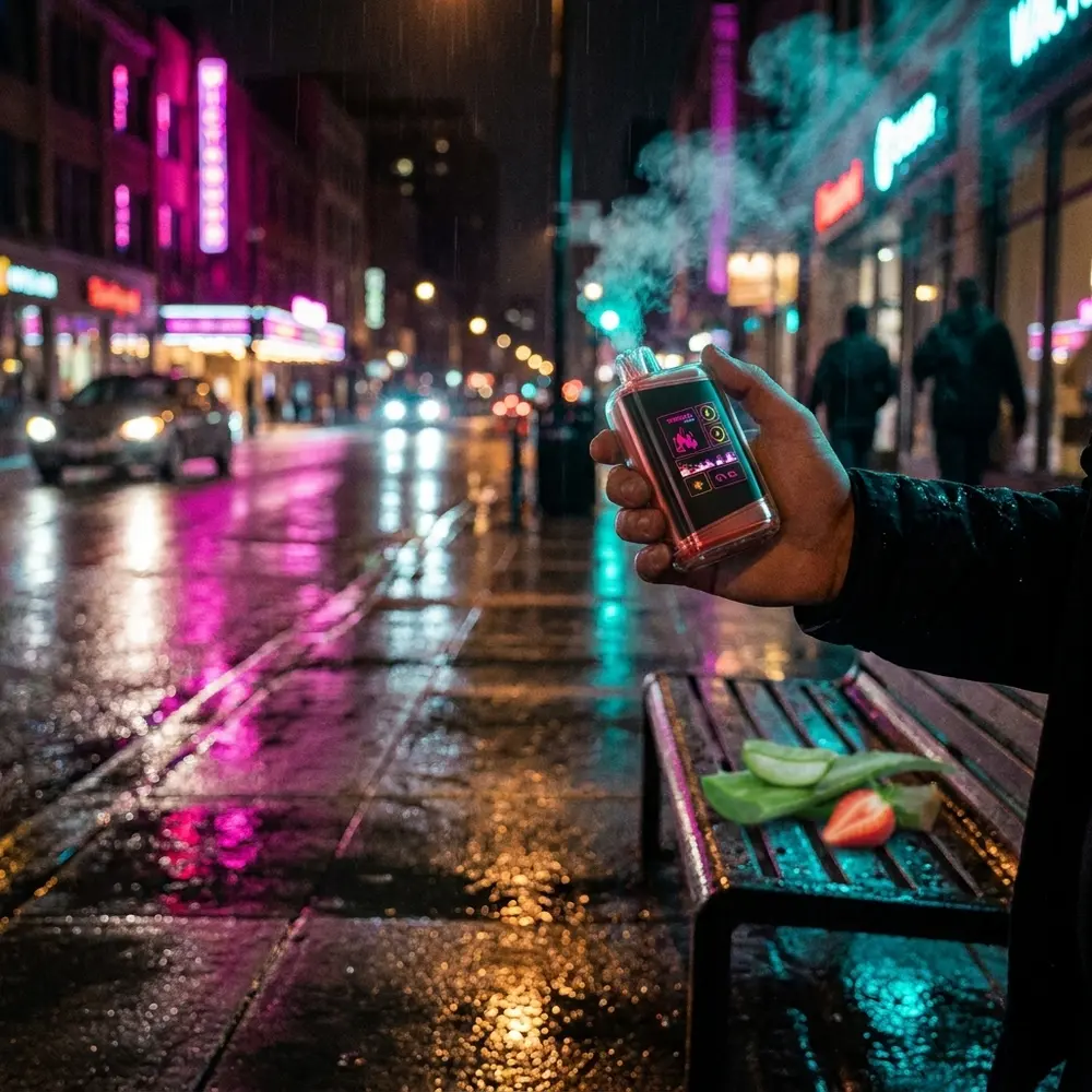 Mão segurando Pod Descartável NikBar Aloe Strawberry numa rua noturna com neon, calçada molhada e reflexos ao fundo - Vapor Gringo