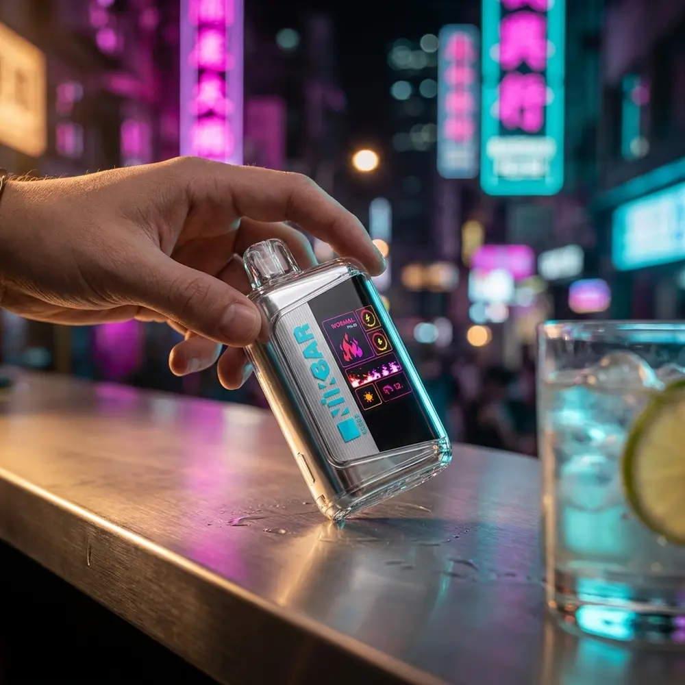 Pod descartável NikBar Clear apoiado em balcão urbano neon com bokeh magenta e mão ao fundo - Vapor Gringo