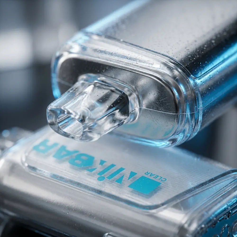 Detalhe do bocal e do logo do NikBar Clear com gotas de condensação e reflexos realistas - Vapor Gringo