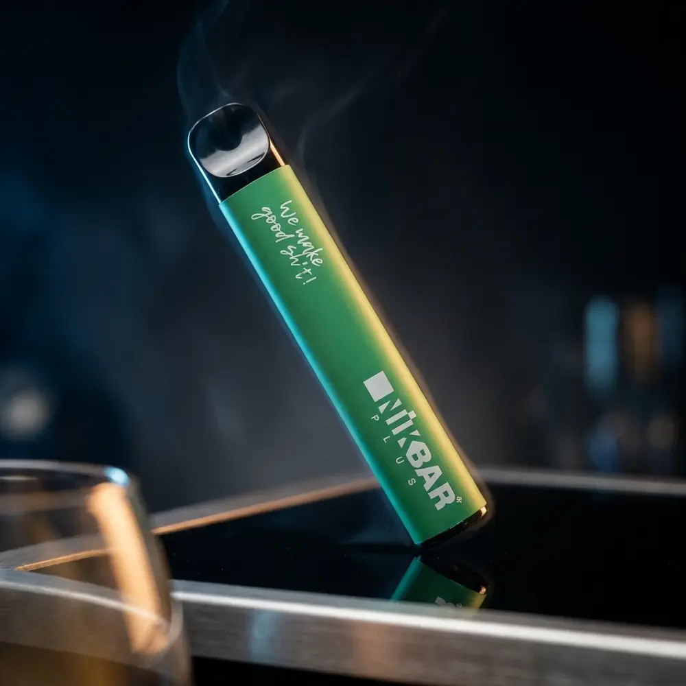 Pod descartavel NikBar Plus Cool Mint sobre base acrilica reflexiva com luzes frias e quentes - Vapor Gringo