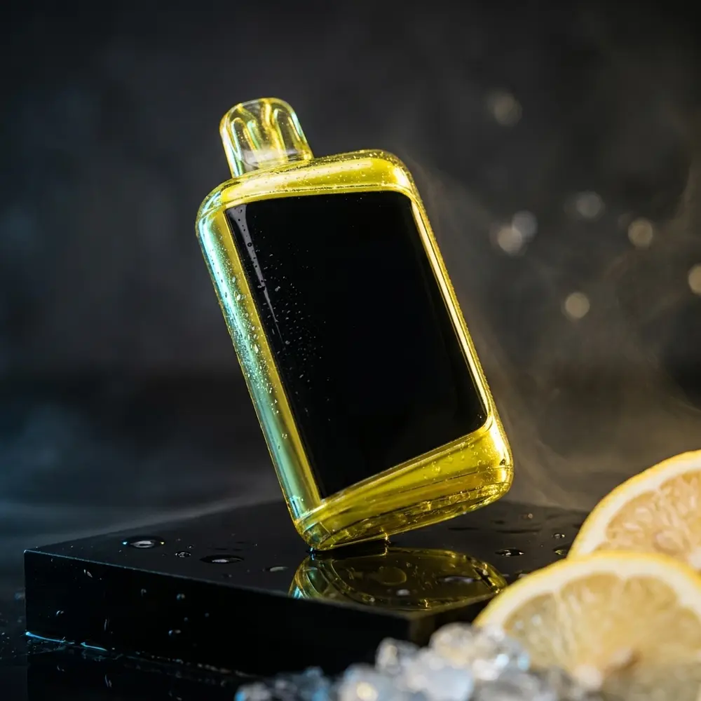 Pod descartável NikBar Vita Lemon Tea sobre acrílico preto molhado, iluminação dramática e fatias de limão - Vapor Gringo