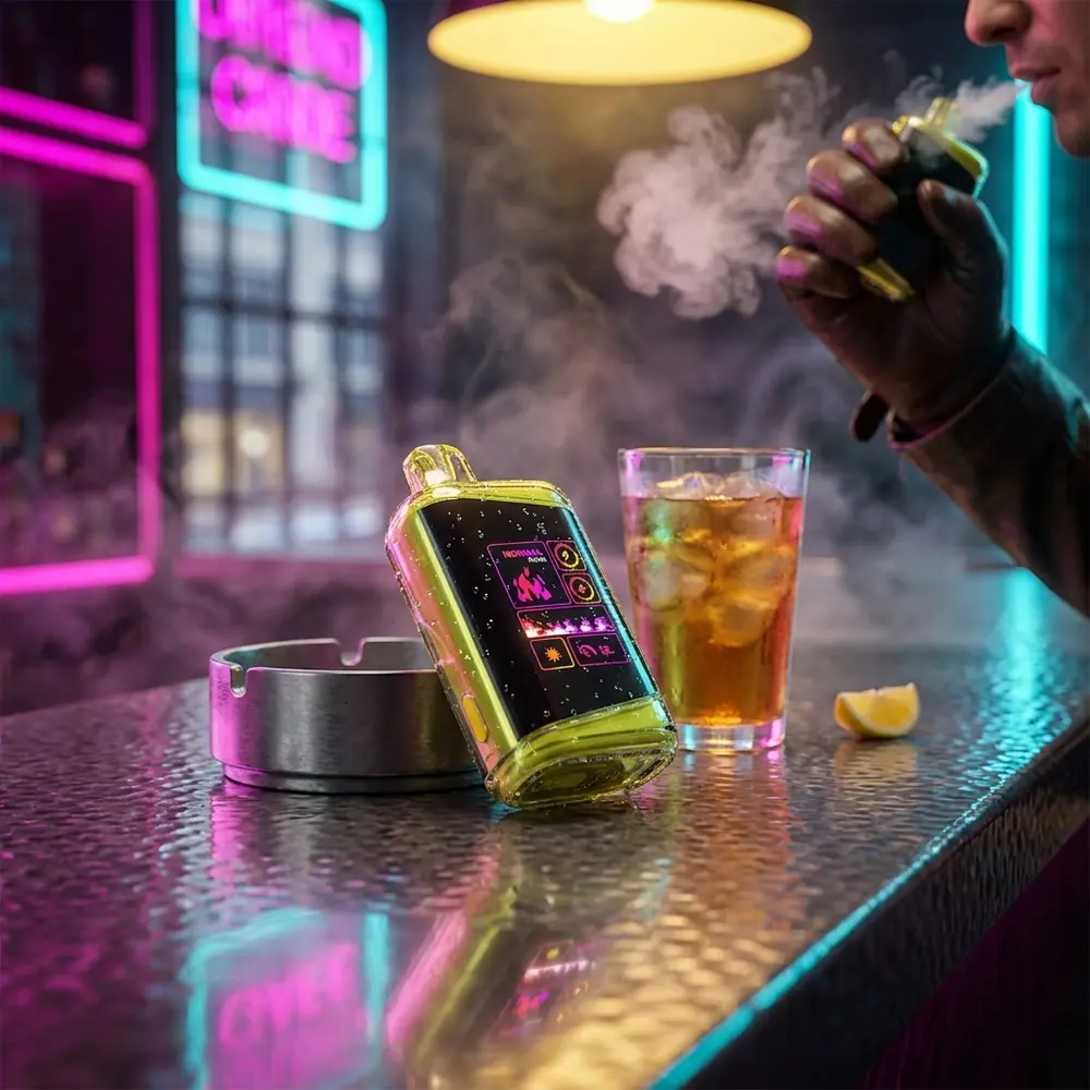 Pod NikBar Vita Lemon Tea na bancada metálica molhada de uma cena noturna neon, copo de chá gelado ao lado - Vapor Gringo