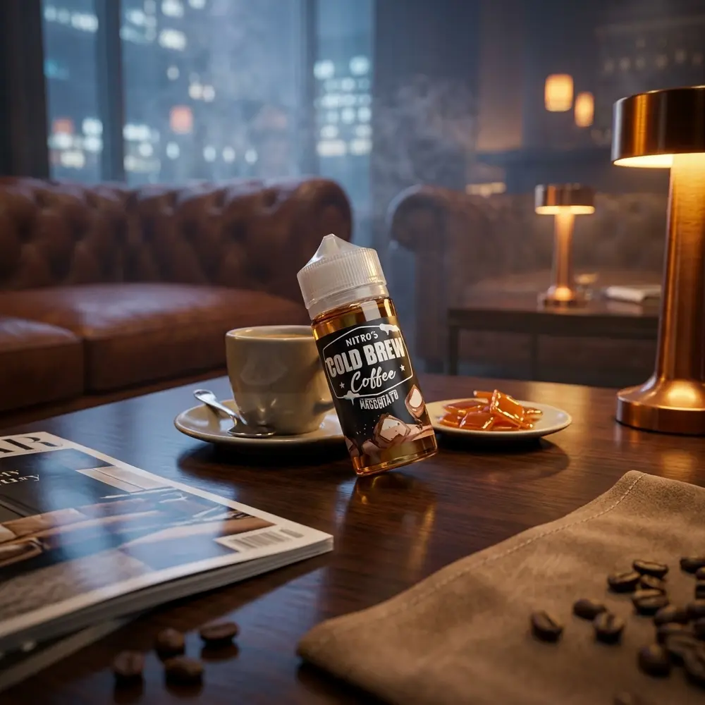 Garrafa Nitro's Cold Brew Macchiato apoiada em mesa de lounge com copo de macchiato e luzes de bar ao fundo - Vapor Gringo